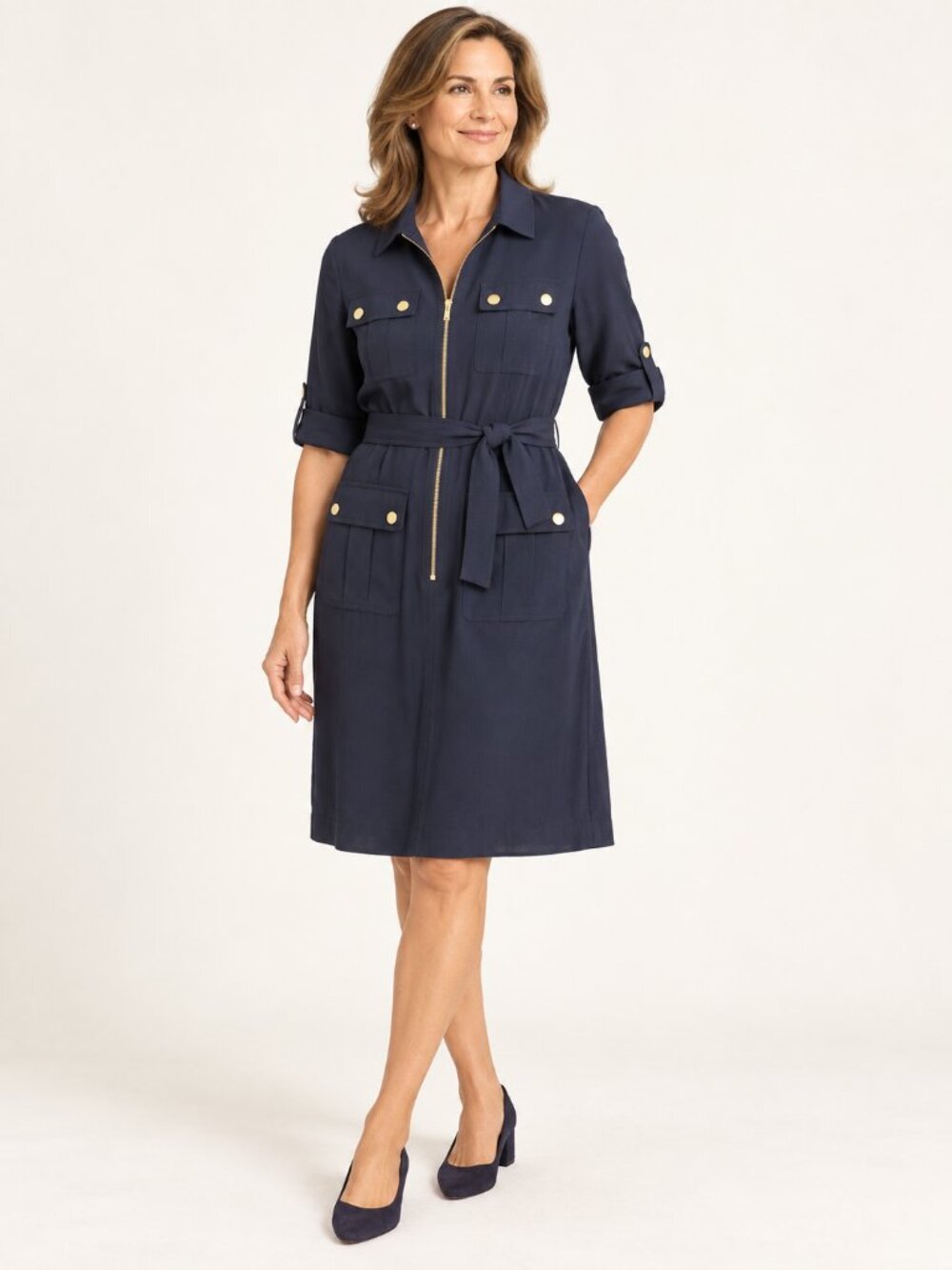 Sharagano Navy Zip-Front Utility Jacket with Gold Buttons